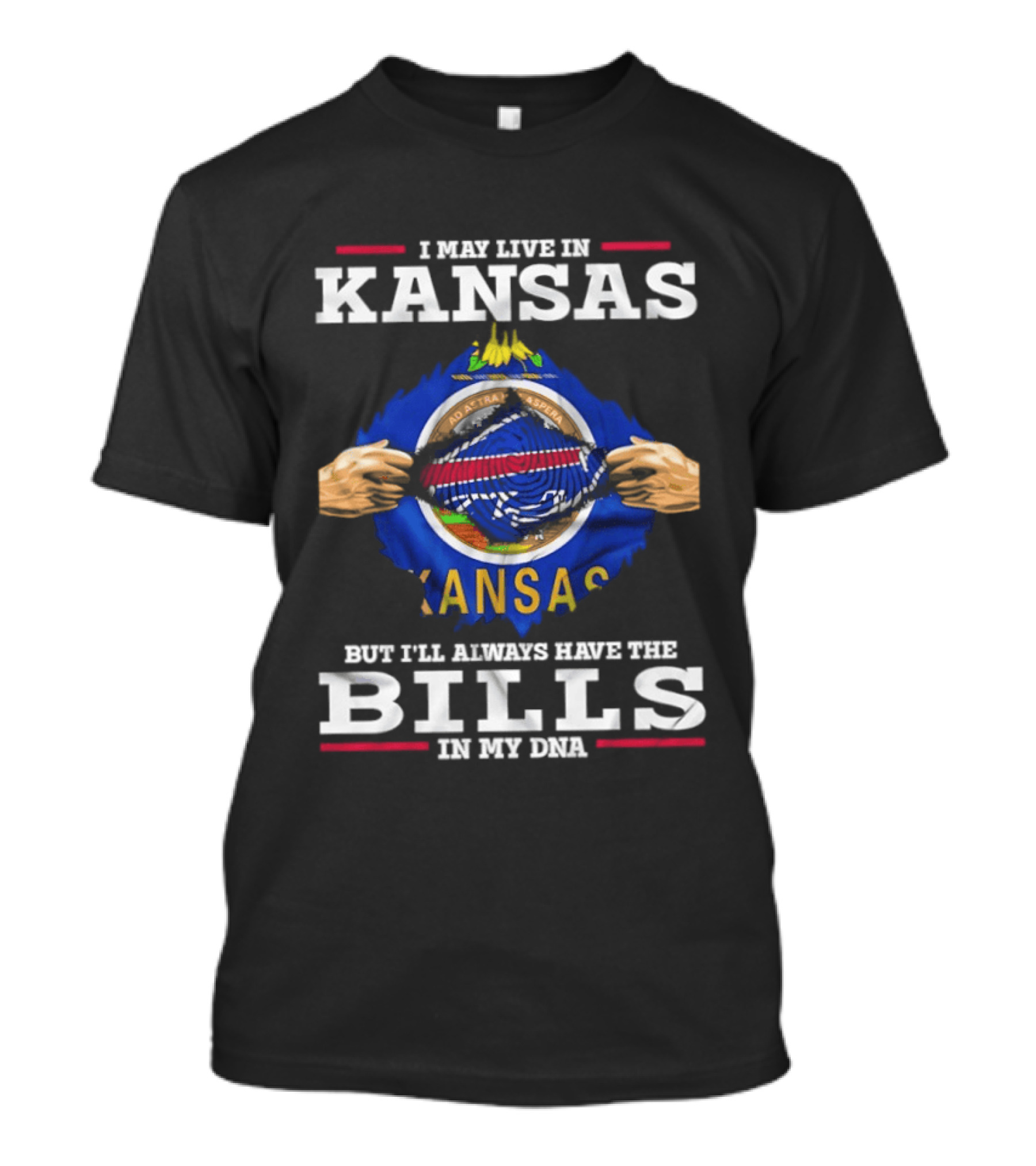 I May Live In Kansas But I'll Always Have The Bills In My DNA Kansas Seal Bills NFL Football T-Shirt