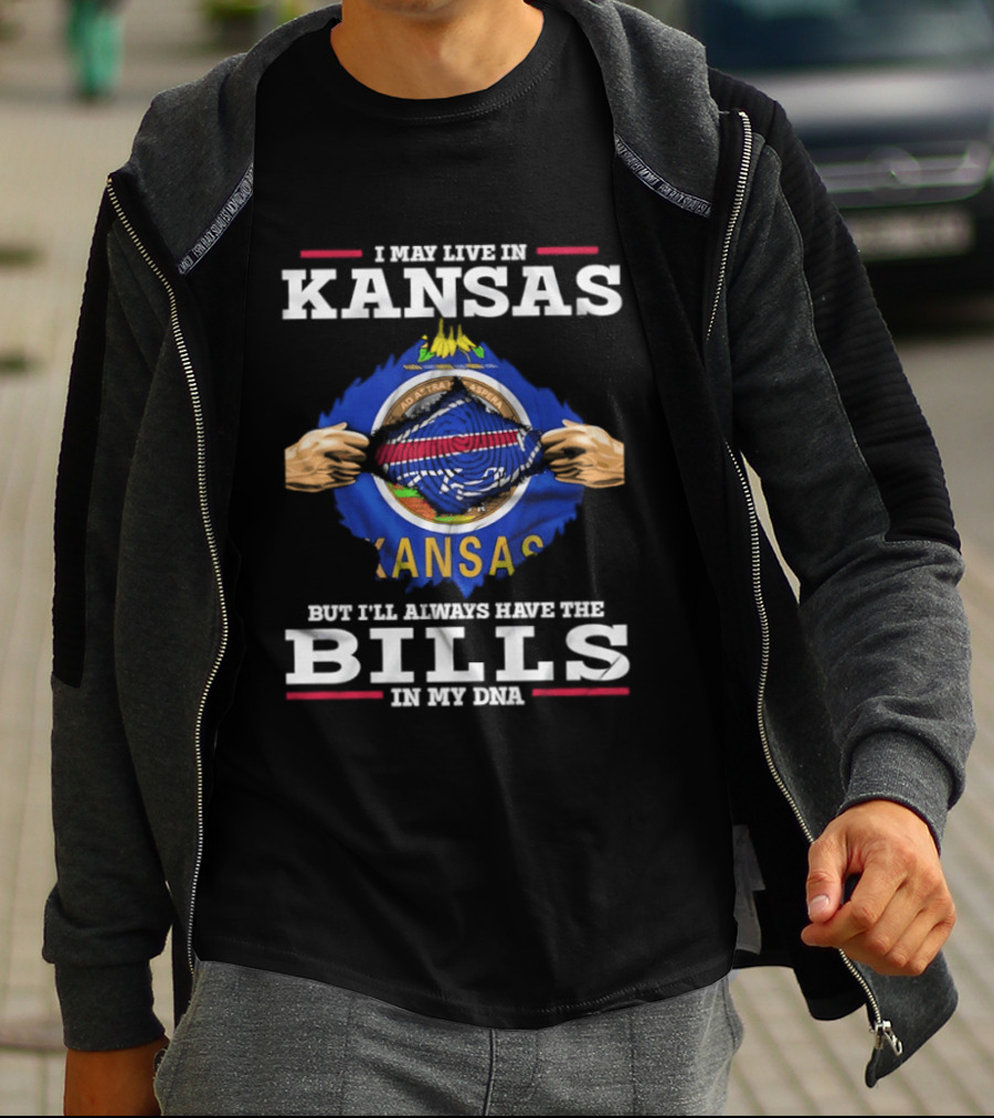 I May Live In Kansas But I'll Always Have The Bills In My DNA Kansas Seal Bills NFL Football T-Shirt
