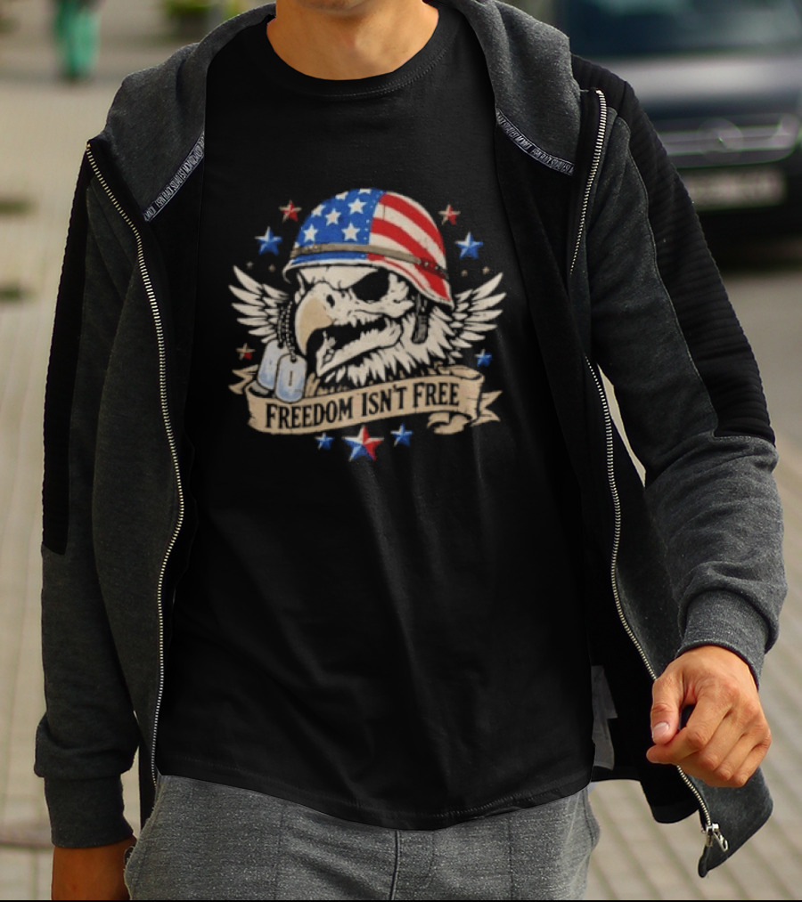Distressed Eagle Skull Freedom Isn't Free Patriotic American Flag Helmet Stars T-Shirt