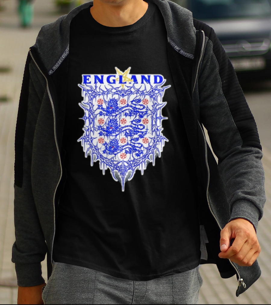 England Metal Crest Three Lions Emblem With Gothic Motif T-Shirt