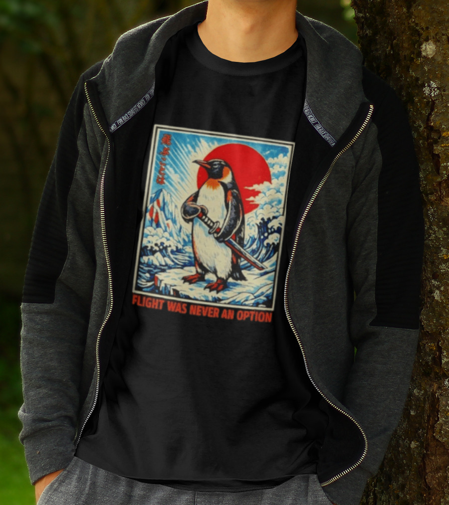Flight Was Never An Option Japanese Penguin Samurai Rising Sun Katana Waves T-Shirt