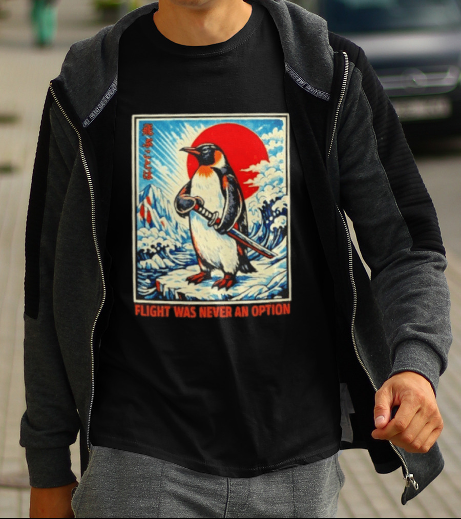 Flight Was Never An Option Japanese Penguin Samurai Rising Sun Katana Waves T-Shirt