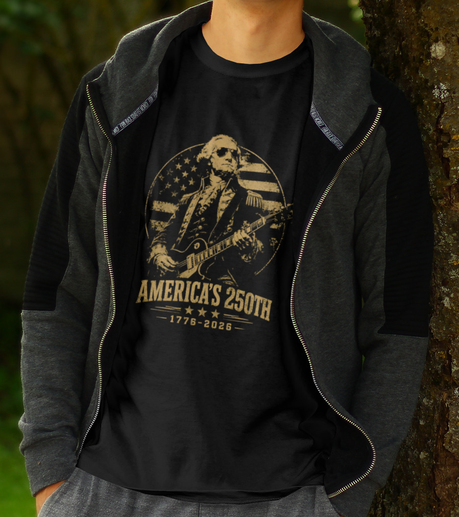 George Washington America's 250th 1776 2026 Rock And Roll Guitar USA Flag T-Shirt