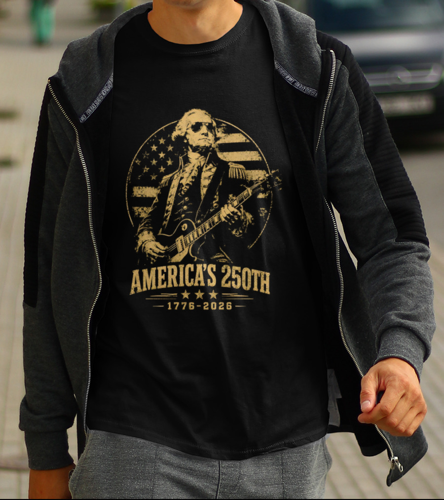 George Washington America's 250th 1776 2026 Rock And Roll Guitar USA Flag T-Shirt