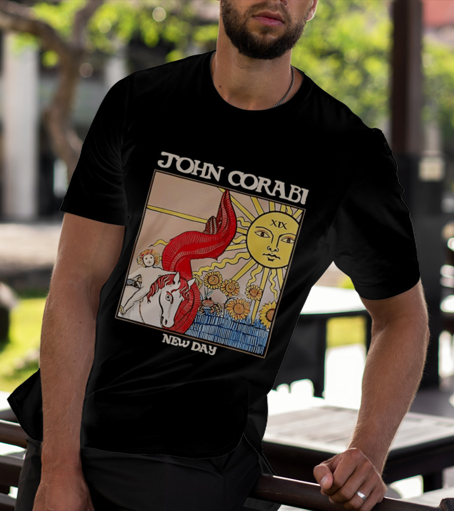 John Corabi New Day The Sun XIX Tarot Card Rider And Sunflowers T-Shirt