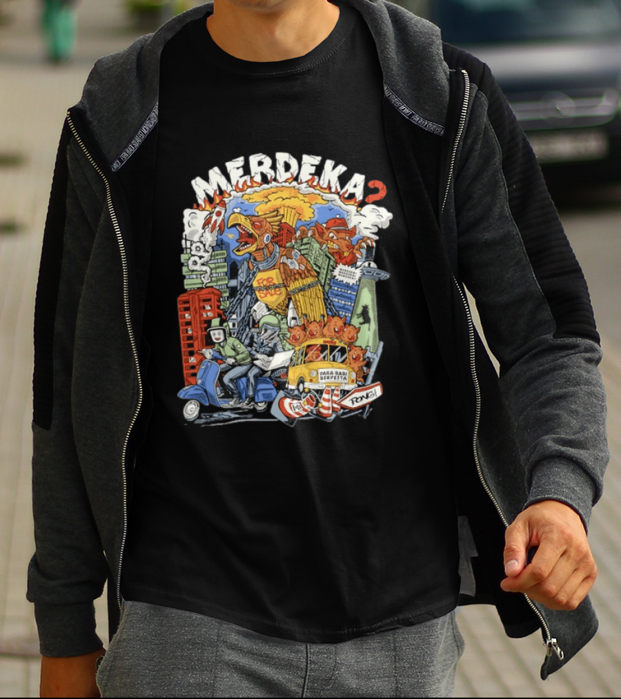 Merdeka Para Babi Berpesta Satire Indonesian Illustration With Cityscape And Mythical Creatures T-Shirt