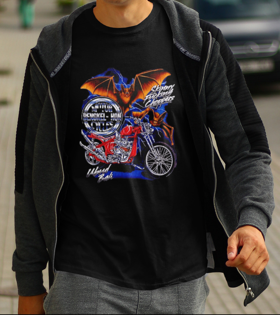 Jhon Cycles Motor Bengkel Skinny Choppers Ubud Bali Motorcycle With Bats T-Shirt