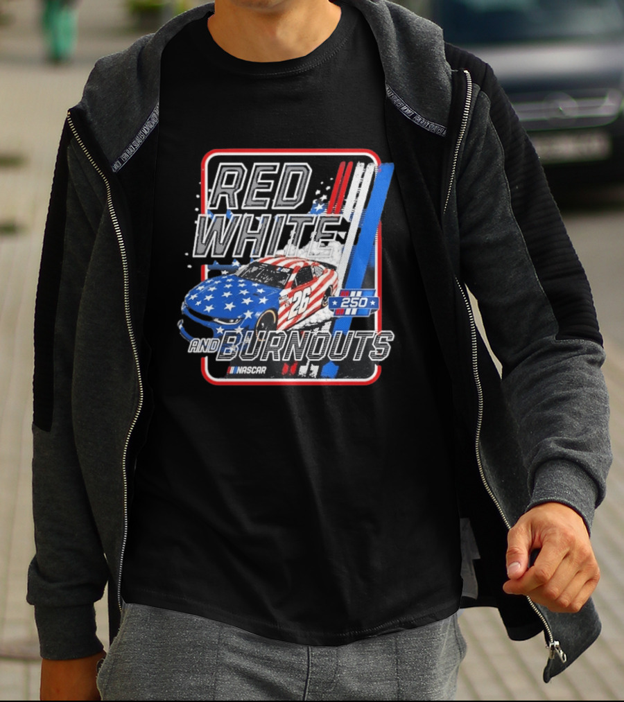 NASCAR Red White Burnouts 250 Racing Car 26 Stars Stripes T-Shirt