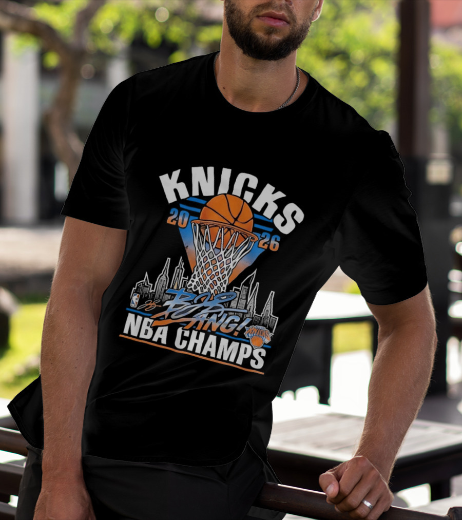 Knicks 2026 NBA Champs Bang NYC Skyline Basketball Net Victory T-Shirt