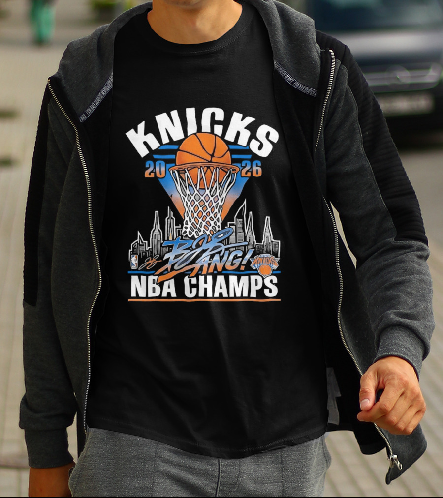 Knicks 2026 NBA Champs Bang NYC Skyline Basketball Net Victory T-Shirt
