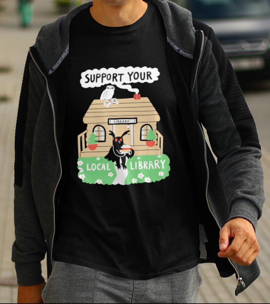 Support Your Local Library Mothman With Books And Cozy Cabin Reading T-Shirt