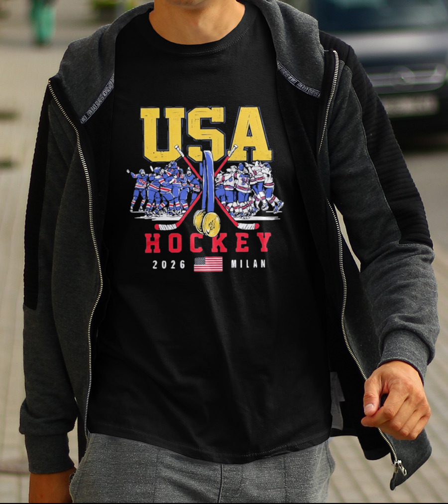 USA Hockey 2026 Milan Gold Medal Celebration Team USA Flag T-Shirt