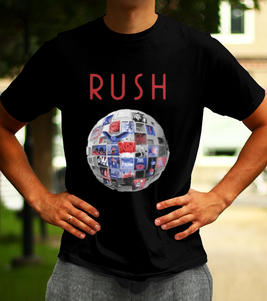Rush All The World's An Album Tour 2026 2027 History Iconic Sphere Collage T-Shirt