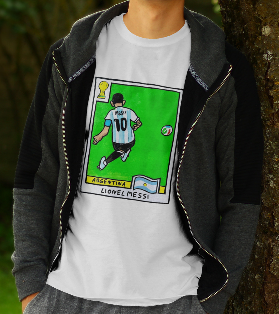 Lionel Messi Argentina Number 10 Football Card With World Cup And National Flag T-Shirt