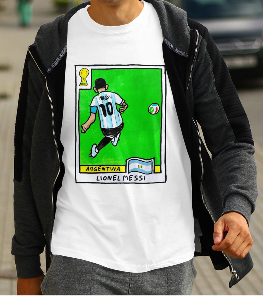 Lionel Messi Argentina Number 10 Football Card With World Cup And National Flag T-Shirt