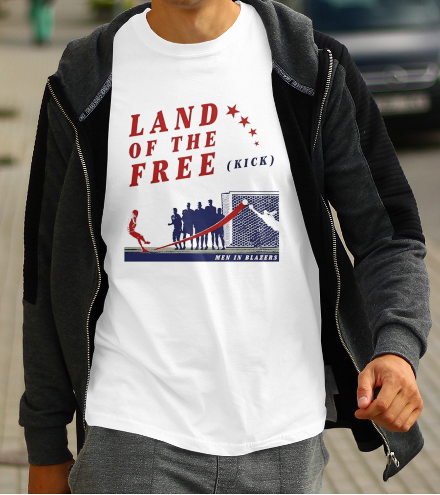 Land Of The Free Kick Men In Blazers With Red Stars And Silhouetted Soccer Scene T-Shirt