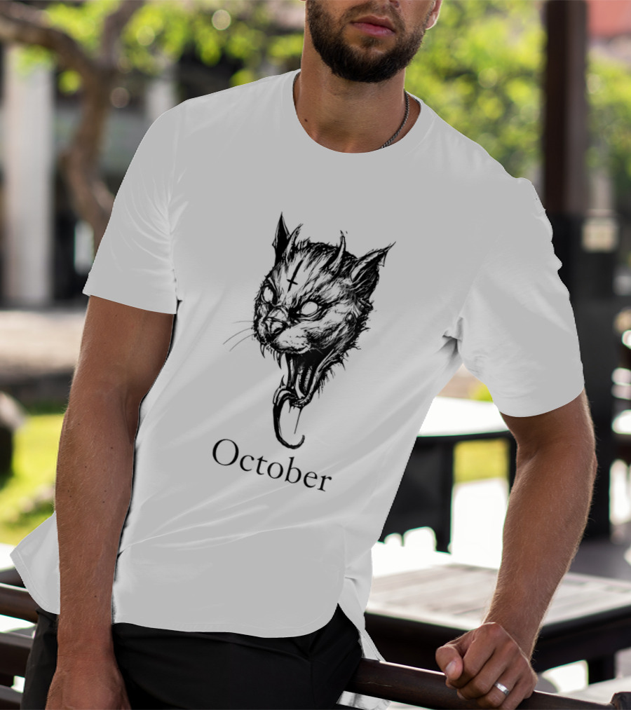 October Demon Cat Gothic Occult Halloween Cat T-Shirt