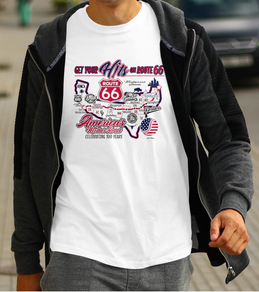 Get Your Hits On Route 66 America's Mother Road Celebrating 100 Years Baseball Map T-Shirt