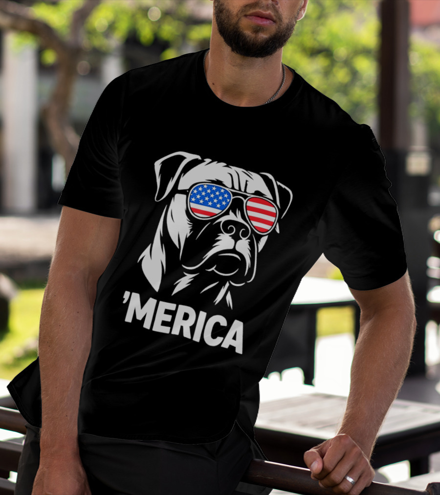 American Bulldog With USA Flag Sunglasses 'Merica T-Shirt