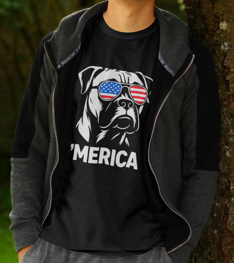 American Bulldog With USA Flag Sunglasses 'Merica T-Shirt