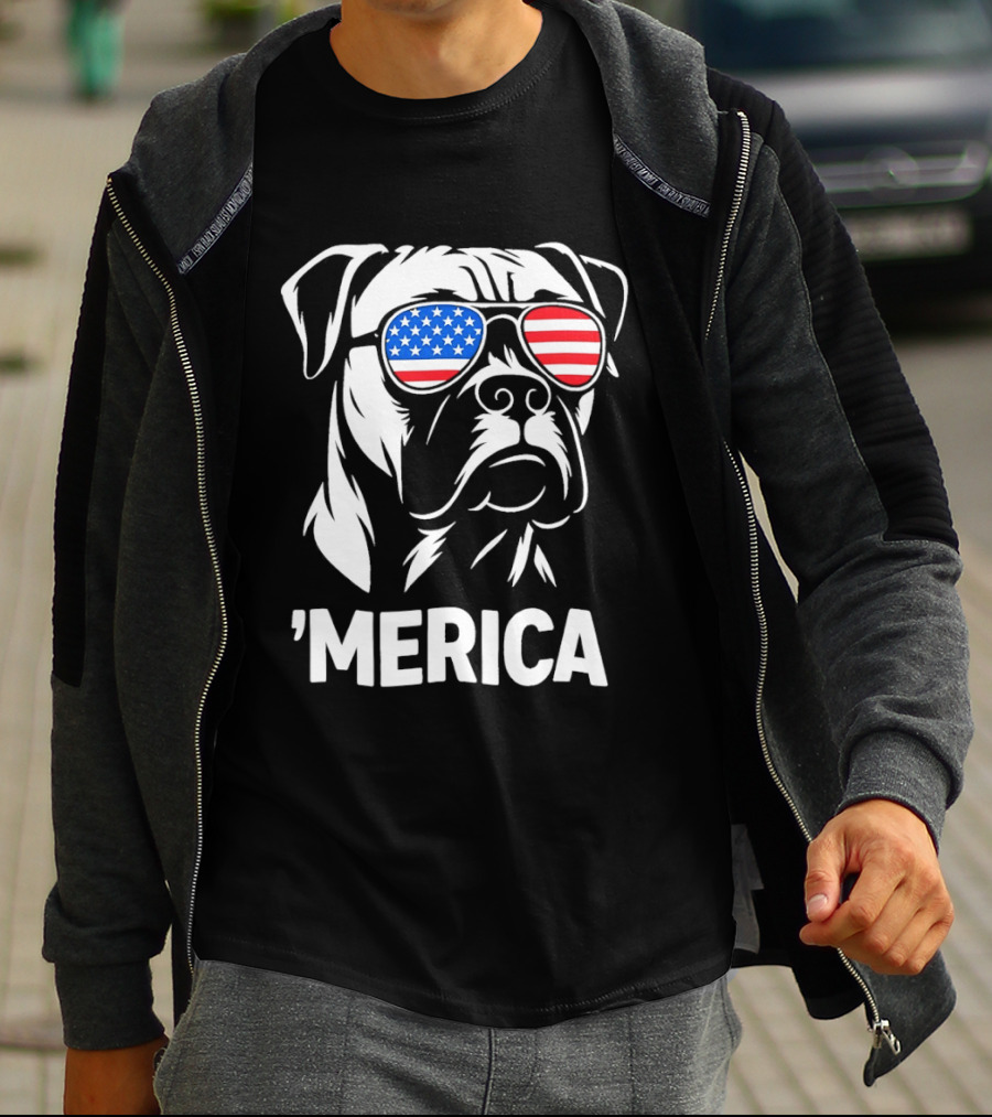 American Bulldog With USA Flag Sunglasses 'Merica T-Shirt