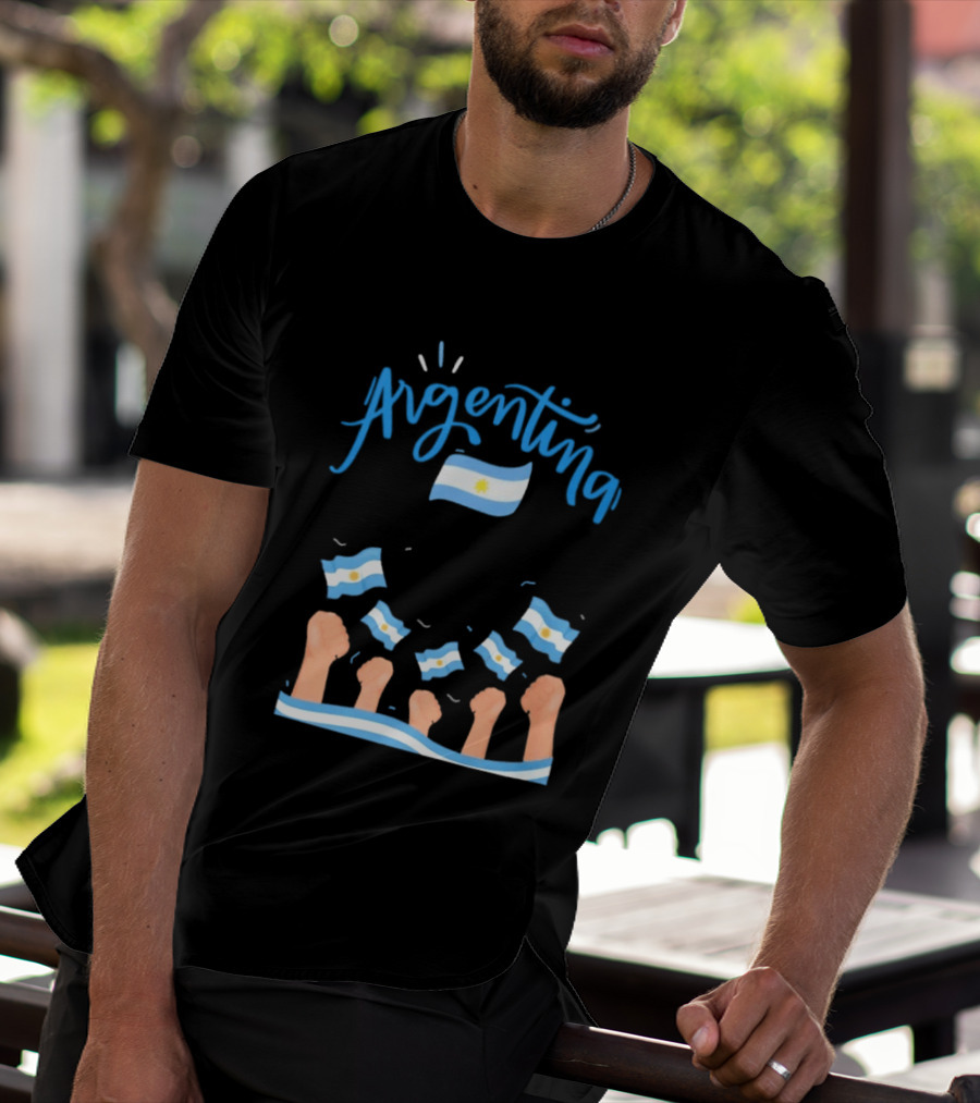 Argentina Celebration Raised Fists Waving Flags Enthusiastic Spirit T-Shirt