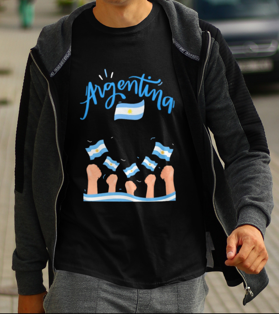 Argentina Celebration Raised Fists Waving Flags Enthusiastic Spirit T-Shirt