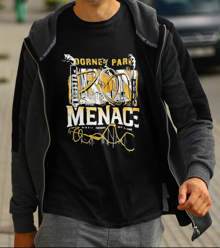 Dorney Park Iron Menace 64 Mph 4 Inversions 160 Ft Tall 2169 Ft Industrial Adventure T-Shirt