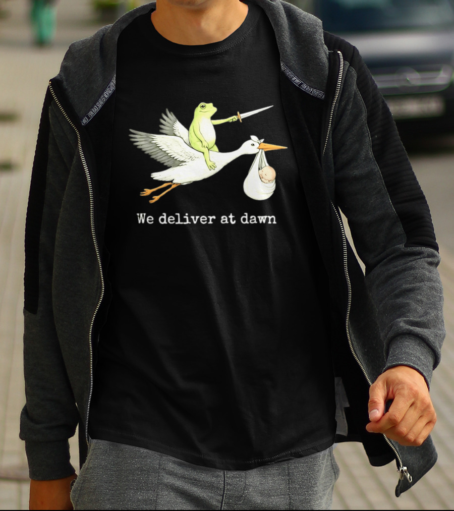 Frog Riding Stork With Sword We Deliver At Dawn T-Shirt