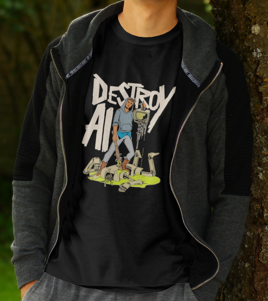 Destroy AI Sci Fi Cyberpunk Robot Resistance Heroic Battle Scene T-Shirt