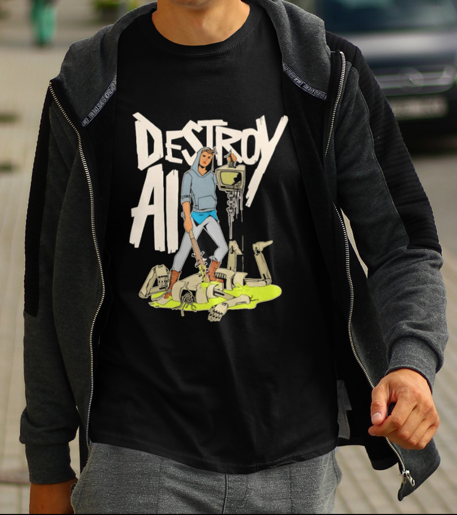 Destroy AI Sci Fi Cyberpunk Robot Resistance Heroic Battle Scene T-Shirt