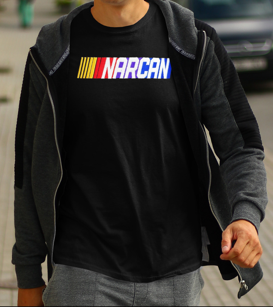 NASCAR Style NARCAN Text With Racing Stripes T-Shirt