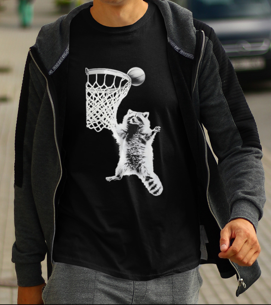 Raccoon Dunking Basketball Fun Animal Sports Play T-Shirt