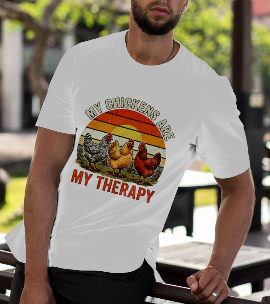 My Chickens Are My Therapy Three Hens Sunset T-Shirt