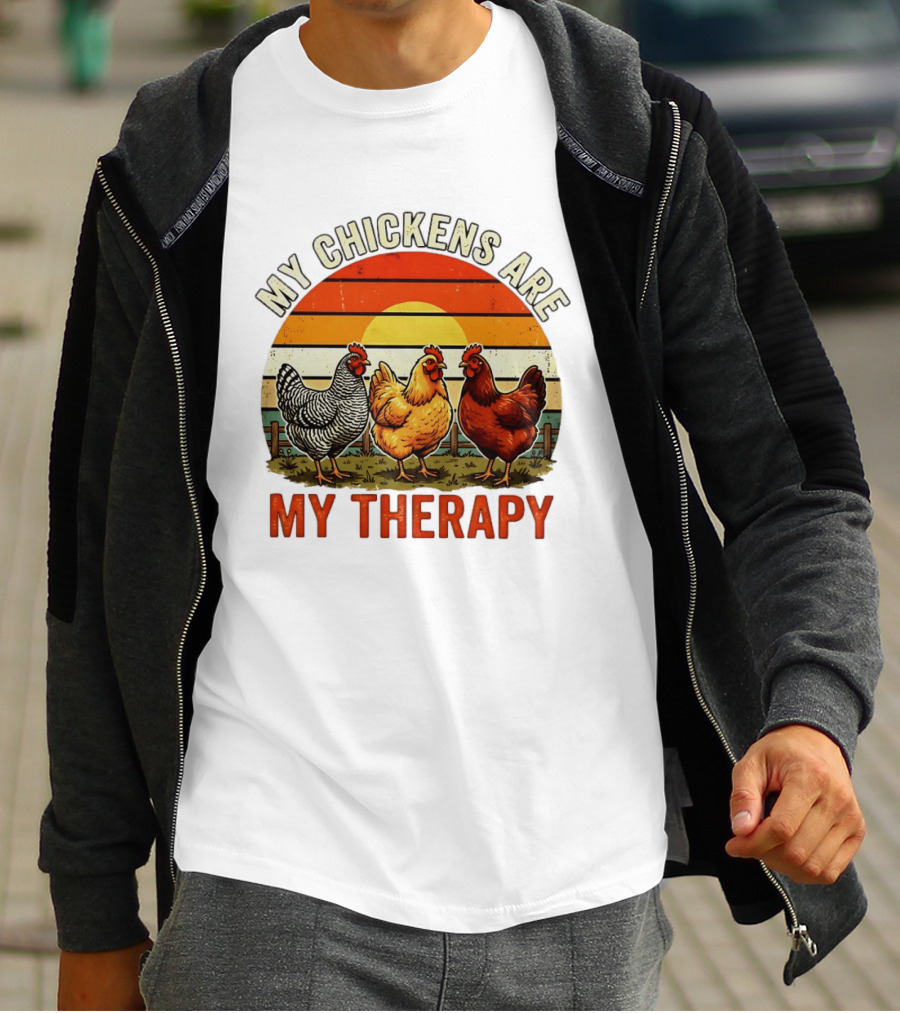 My Chickens Are My Therapy Three Hens Sunset T-Shirt