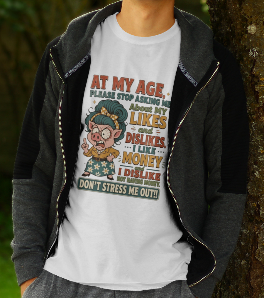 At My Age Please Stop Asking About My Likes I Like Money I Dislike Not Having Money Don't Stress Me Out T-Shirt