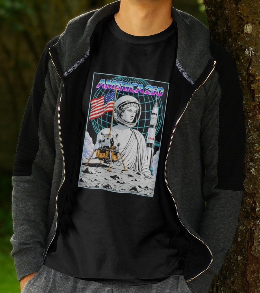 America 250 Apollo Space Rocket NASA Flag Astronaut Statue Moon T-Shirt