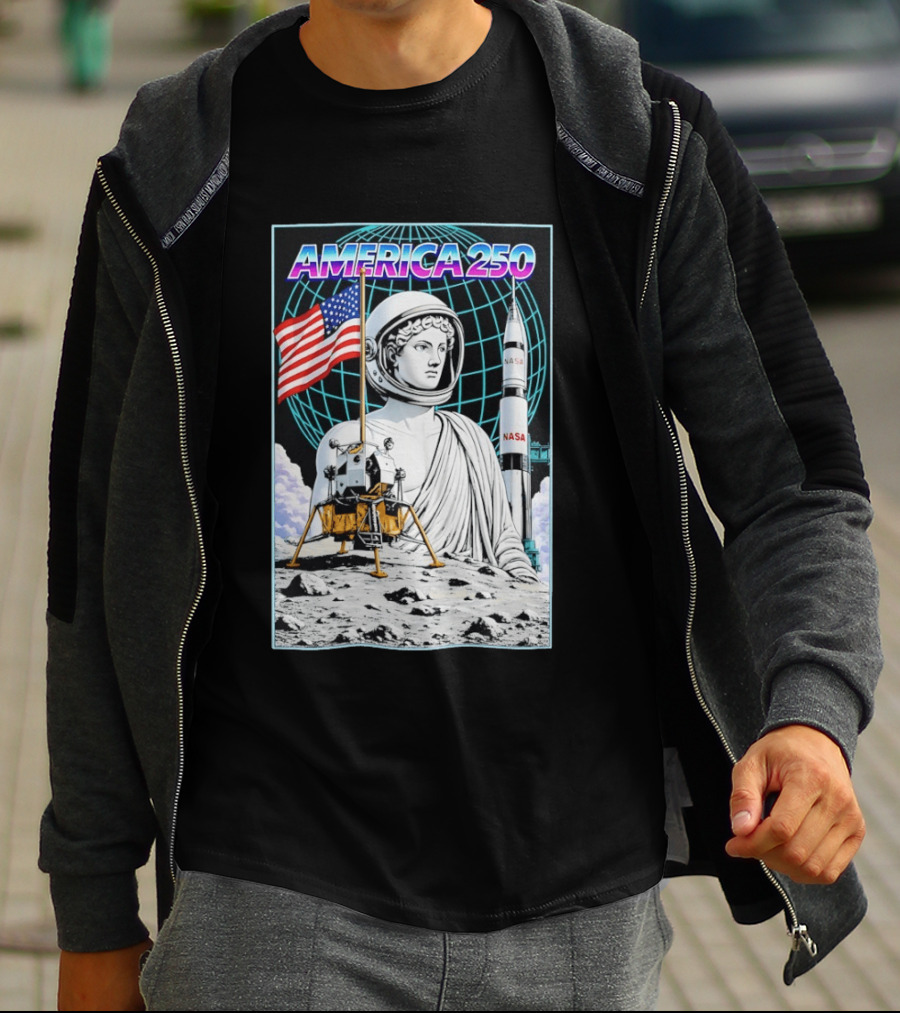 America 250 Apollo Space Rocket NASA Flag Astronaut Statue Moon T-Shirt