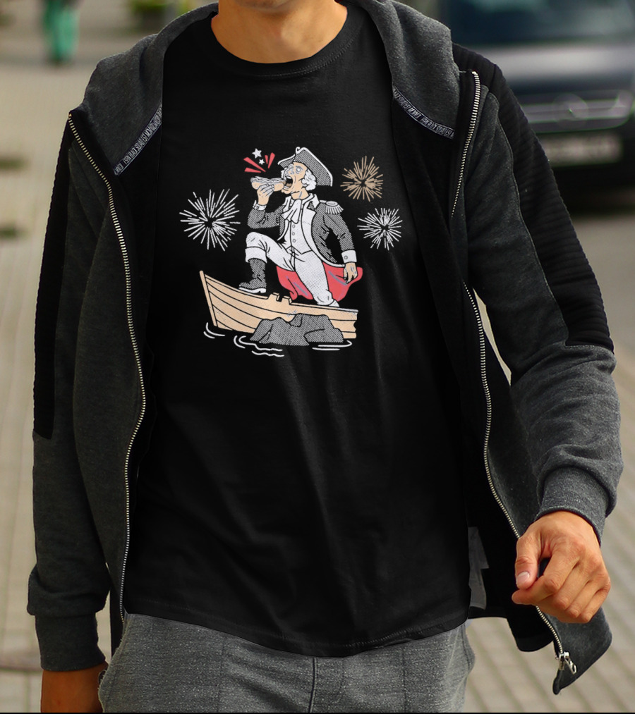 George Washington On Boat Eating Hot Dog With Fireworks Display T-Shirt