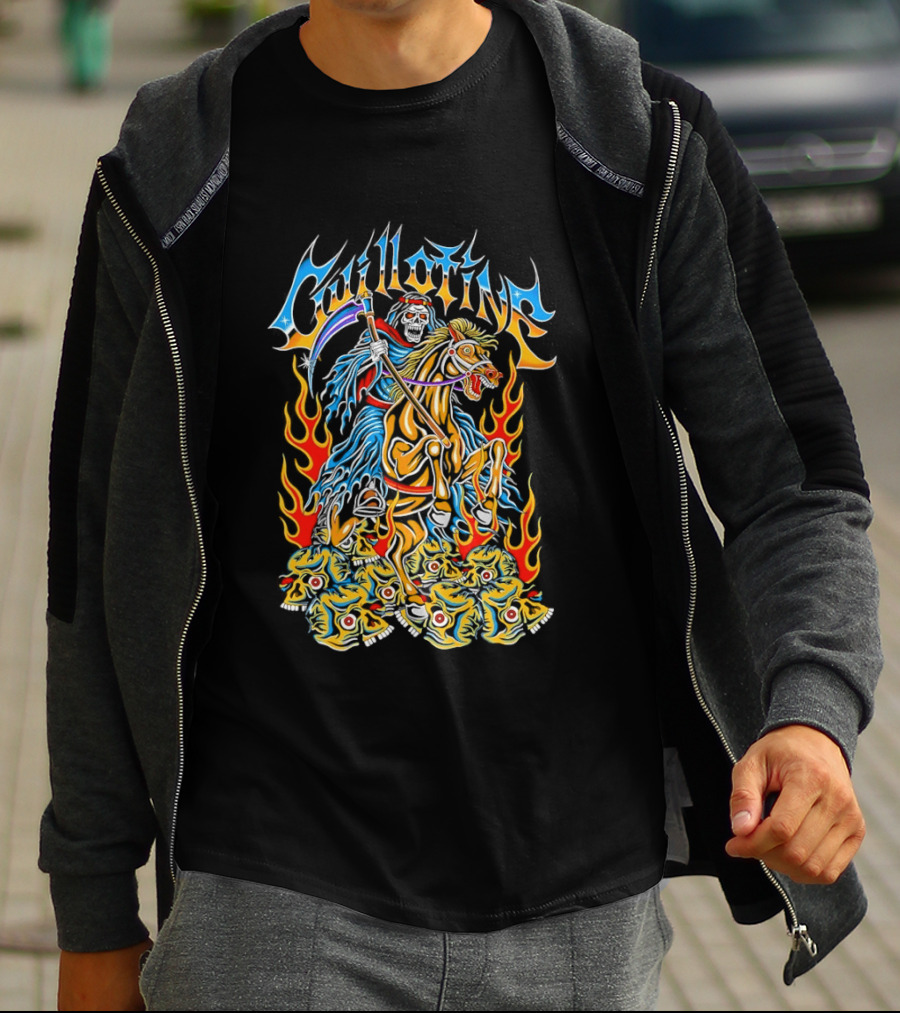 Guillotine Grim Reaper Riding Fiery Horse With Skull And Flames Heavy Metal Concert T-Shirt