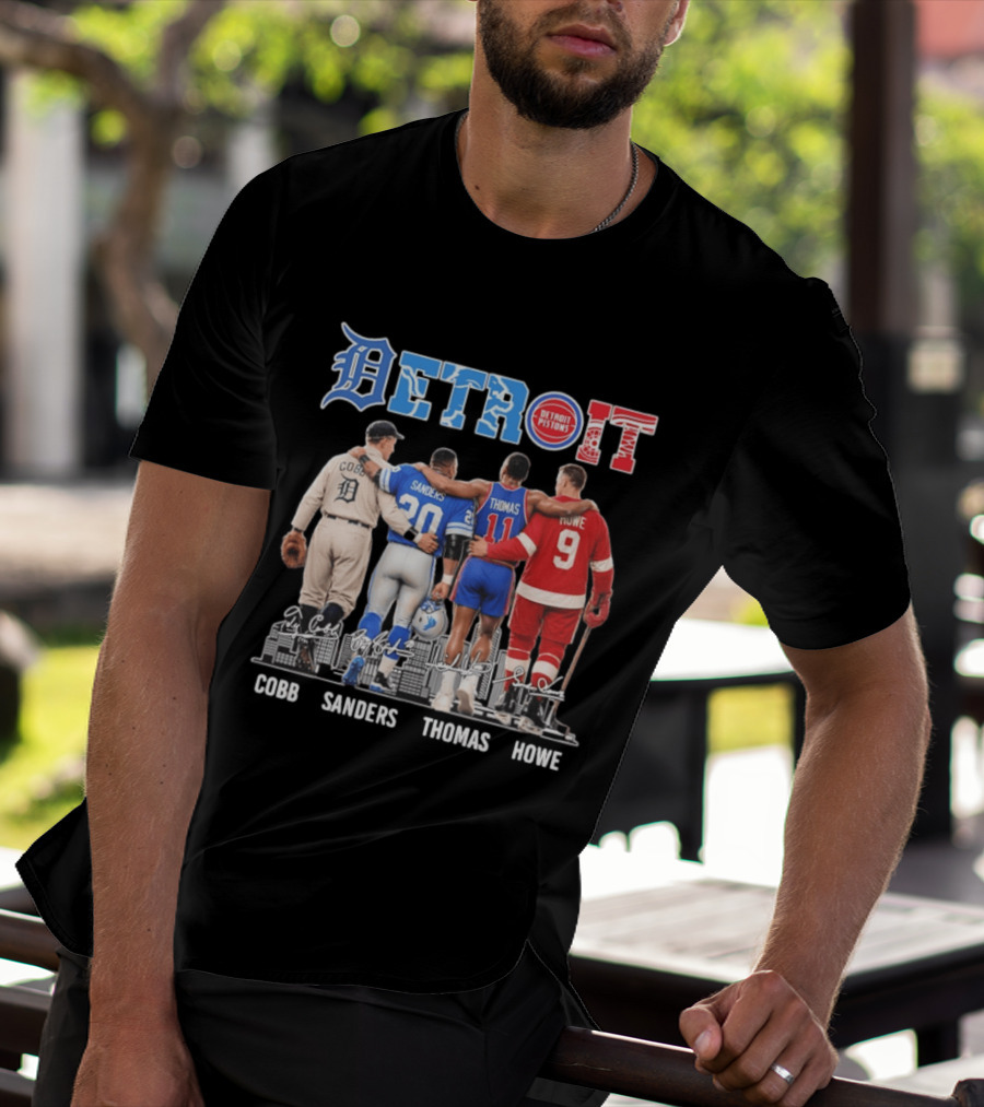 Detroit Icons Ty Cobb Barry Sanders Isiah Thomas Gordie Howe Signatures Skyline T-Shirt