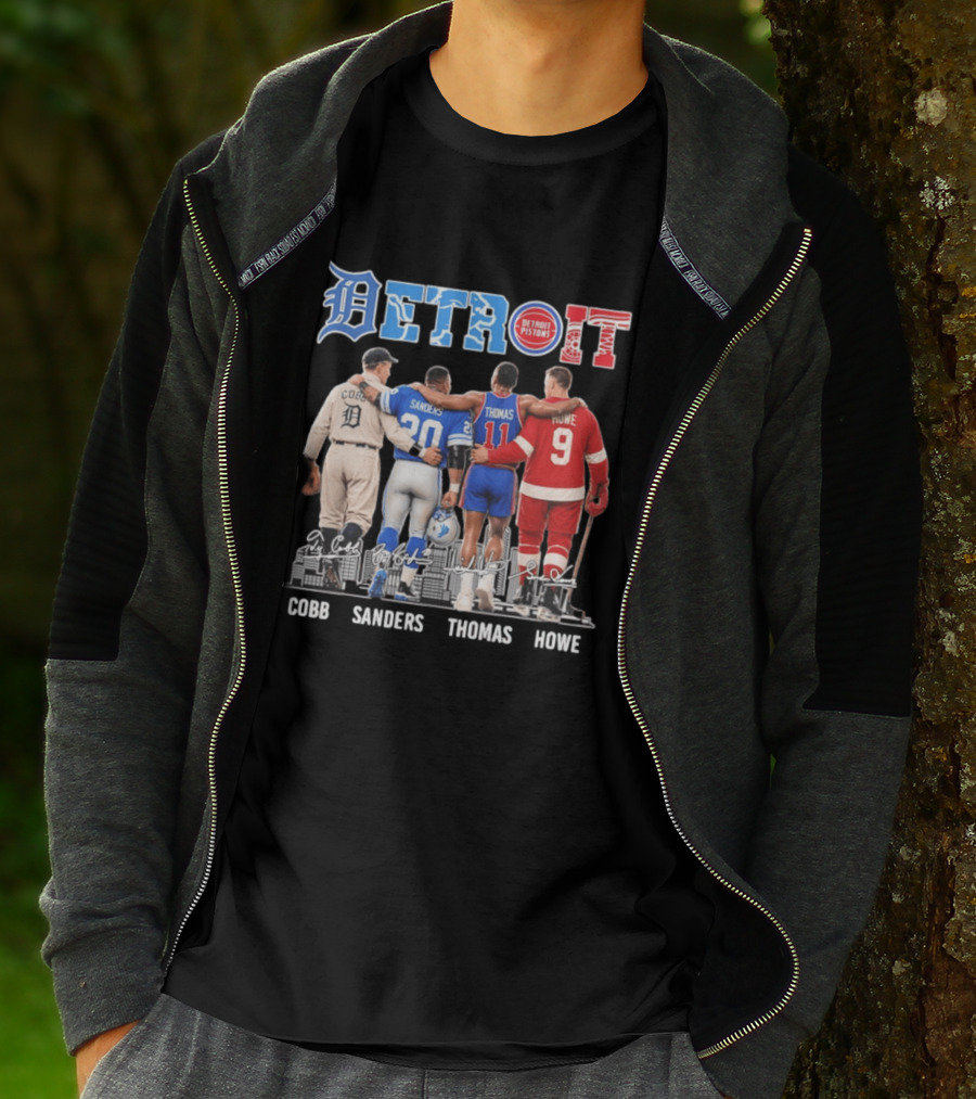 Detroit Icons Ty Cobb Barry Sanders Isiah Thomas Gordie Howe Signatures Skyline T-Shirt