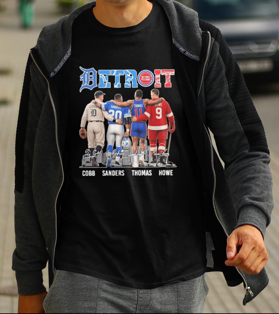 Detroit Icons Ty Cobb Barry Sanders Isiah Thomas Gordie Howe Signatures Skyline T-Shirt