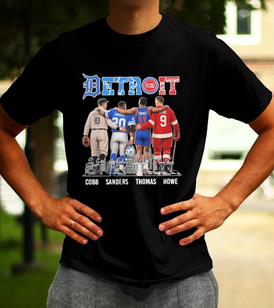 Detroit Icons Ty Cobb Barry Sanders Isiah Thomas Gordie Howe Signatures Skyline T-Shirt