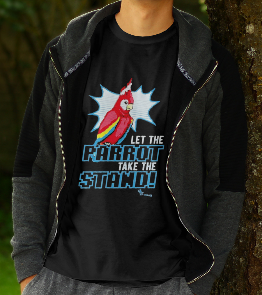 Let The Parrot Take The Stand Vibrant Red Bird With Santa Hat And Blue Starburst T-Shirt