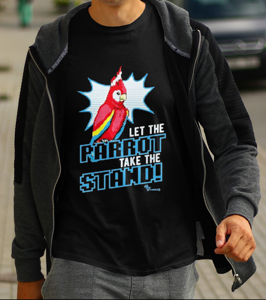 Let The Parrot Take The Stand Vibrant Red Bird With Santa Hat And Blue Starburst T-Shirt