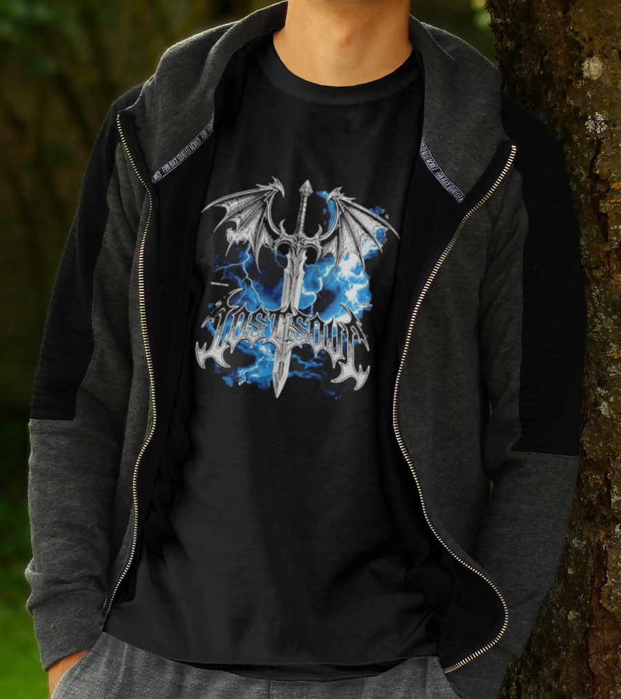 Lost Soul Gothic Sword With Wings And Blue Lightning T-Shirt