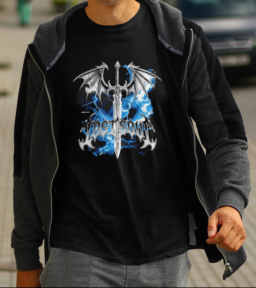 Lost Soul Gothic Sword With Wings And Blue Lightning T-Shirt