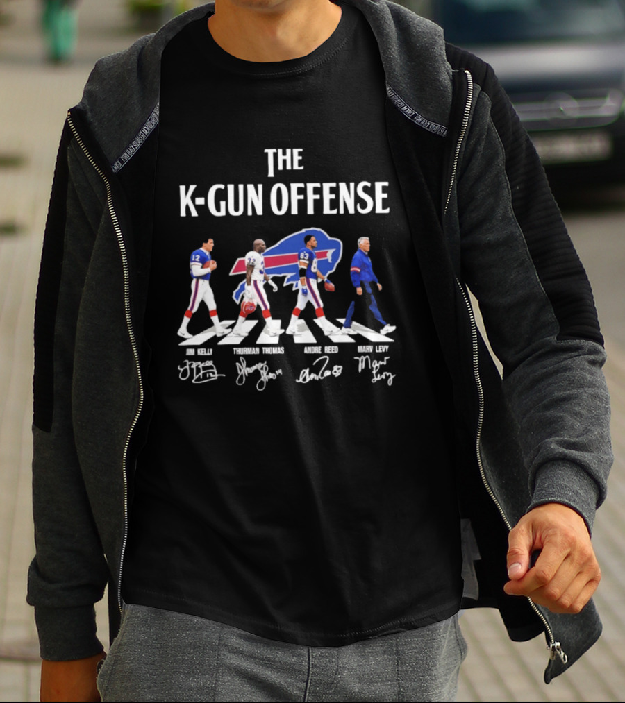 The K Gun Offense Buffalo Bills Jim Kelly Thurman Thomas Andre Reed Marv Levy Abbey Road With Signatures T-Shirt