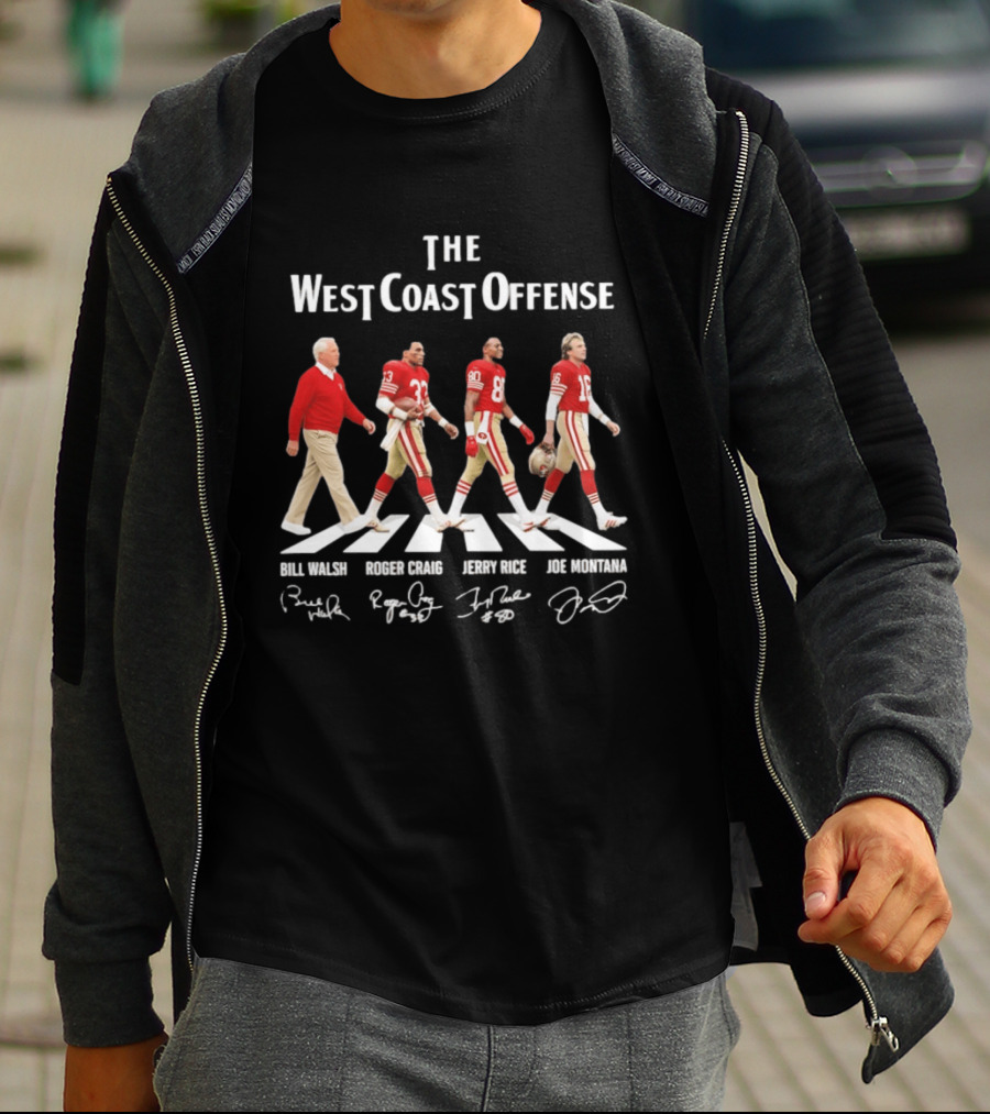 The West Coast Offense Bill Walsh Roger Craig Jerry Rice Joe Montana SF 49ers Abbey Road Signatures T-Shirt